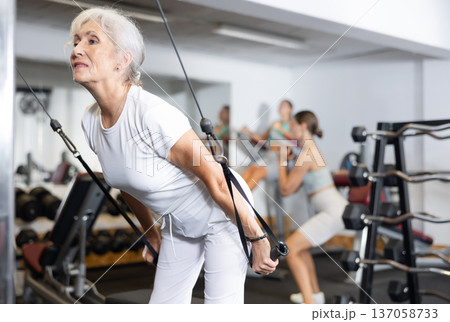 Elderly woman training her arms using straps 137058733