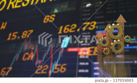 Financial Market Growth Concept with Gears and Rising Arrows 3d render. 137059003