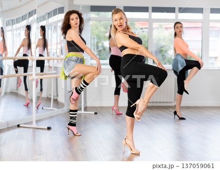 Graceful woman partaking in group high heels dance class Graceful woman partaking in group high heels dance class 137059061