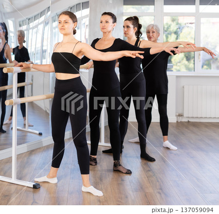 Young female ballerina performing second position at ballet barre Young female ballerina performing second position at ballet barre 137059094