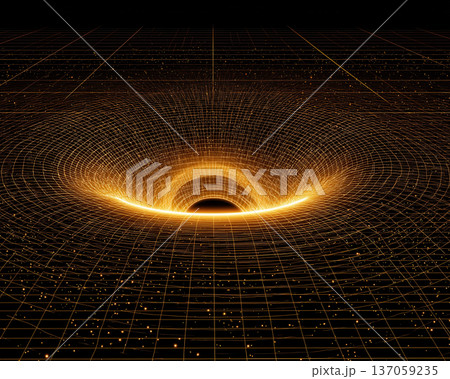 Glowing black hole gravity grid, golden spacetime vortex, abstract cosmic energy background 137059235