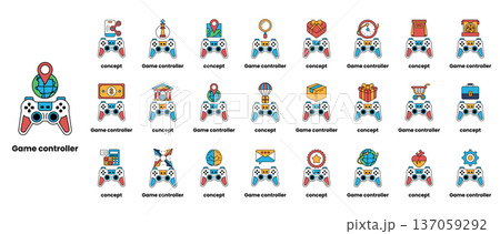 A collection of game controllers with various icons and symbols 137059292