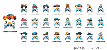 A collection of game controllers with various vehicles on them A collection of game controllers with various vehicles on them 137059308