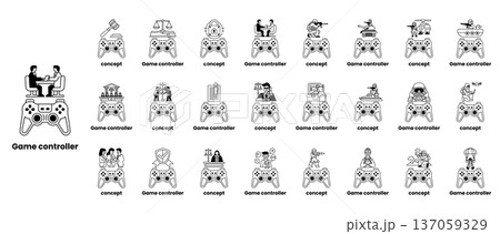 A collection of game controllers with a man sitting at a desk A collection of game controllers with a man sitting at a desk 137059329