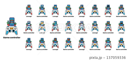 A collection of game controllers with a variety of colors and designs 137059336