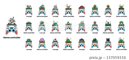 A collection of game controllers with different colors and designs 137059338