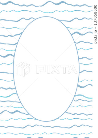 Vertical postcard template with a nautical theme. Background wavy lines and oval frame with space for text. Watercolor illustration. Hand drawn isolated art. For postcards, invitations, greetings. 137059600