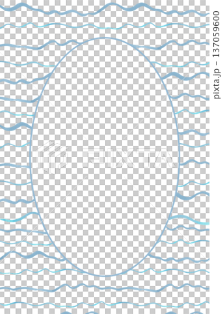 Vertical postcard template with a nautical theme. Background wavy lines and oval frame with space for text. Watercolor illustration. Hand drawn isolated art. For postcards, invitations, greetings. 137059600