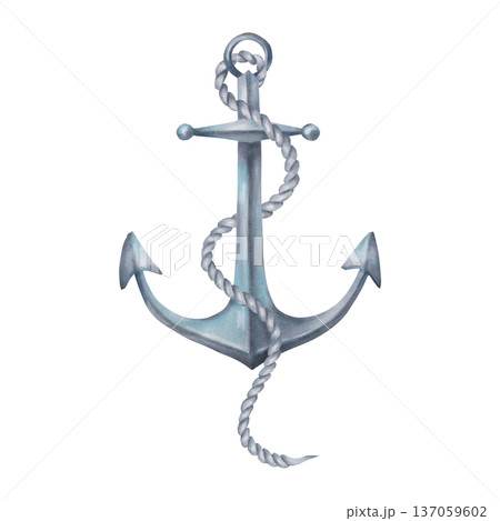 Sea anchor with a rope wrapped around it. Watercolor illustration. Hand drawn isolated art. Nautical design of ship and sail equipment. Composition for postcards, packaging and vintage style projects 137059602