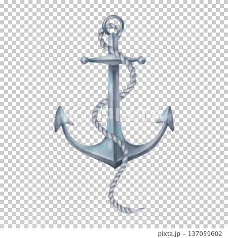 Sea anchor with a rope wrapped around it. Watercolor illustration. Hand drawn isolated art. Nautical design of ship and sail equipment. Composition for postcards, packaging and vintage style projects 137059602