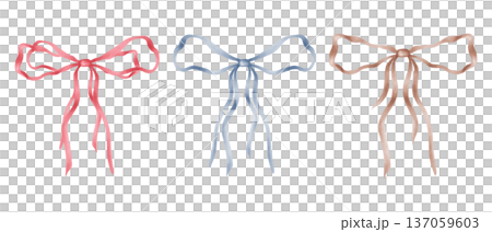 Clip art featuring a red, blue, and brown ribbon bow. Watercolor illustration. Hand drawn isolated art. Ribbon tied in a loose loop for decorating holidays, bouquets, birthday, decor and packaging 137059603