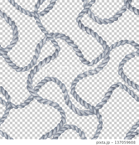 Seamless pattern of wavy gray rope. Watercolor, marker illustration. Hand drawn isolated art. Jute cord for fabric, sailing, textile and nautical theme, rustic decor, background. 137059608