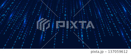 Binary Rain and code on blue abstract background. Computer technology. Matrix information and cyber security in futuristic or science fiction theme. Vector illustration Binary Rain and code on blue abstract background. Computer technology. Matrix information and cyber security in futuristic or science fiction theme. Vector illustration 137059612
