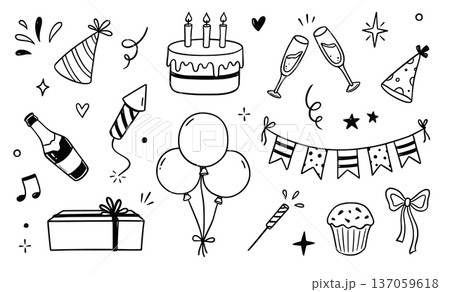 Birthday doodle icon element. Hand drawn sketch doodle birthday cake, party gift, event hat cute decoration element. Party, carnival celebration concept background. Vector 137059618