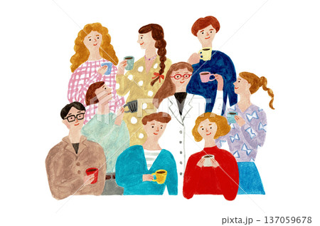 手描きイラスト　多様な職種がつながる現代的なワークスタイルイメージ 137059678