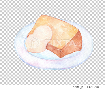 Chiffon cake on a plate, hand-drawn 137059819