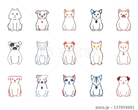 手描きタッチの犬猫イラストコレクション シンプルで使いやすい動物素材集 137059891