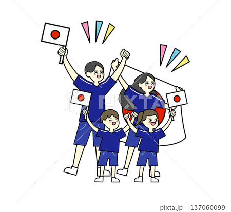 ワールドカップで国旗を掲げてユニフォームを着て応援する四人家族 137060099