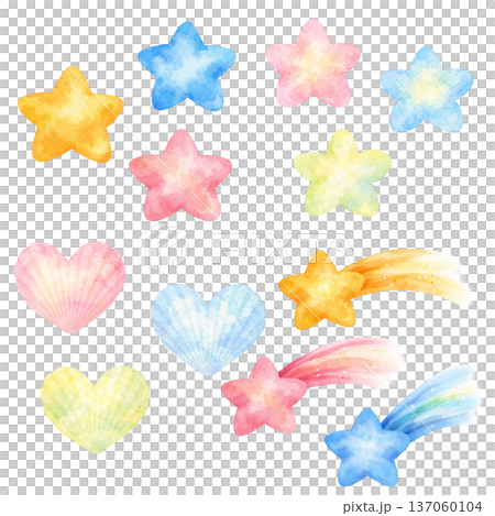 水彩風格彩色星星與愛心插畫集，粉彩材質，PNG格式摳圖 137060104