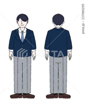 男子高校生 学生 制服 ブレザー 全身 立ち姿 正面 後ろ姿 イラスト  137060295