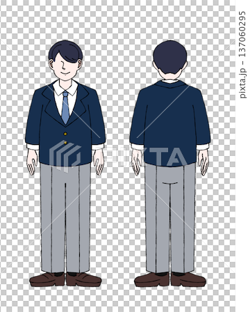 男子高校生 学生 制服 ブレザー 全身 立ち姿 正面 後ろ姿 イラスト  137060295