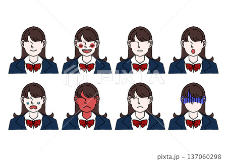 高校生 女子学生 制服 表情セット バストアップ イラスト 高校生 女子学生 制服 表情セット バストアップ イラスト 137060298