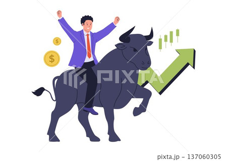 Bull Market Concept with Happy Investor Riding a Bull with Rising Graph 137060305