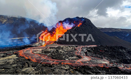 【AI生成画像】世界の大自然 真っ赤な溶岩が噴き出す噴火の光景 【AI生成画像】世界の大自然 真っ赤な溶岩が噴き出す噴火の光景 137060433