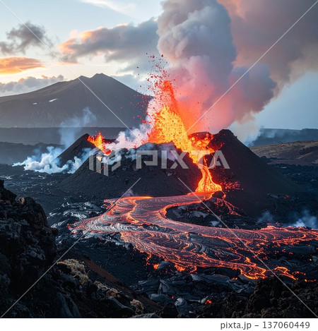 【AI生成画像】世界の大自然 真っ赤な溶岩が噴き出す噴火の光景 137060449