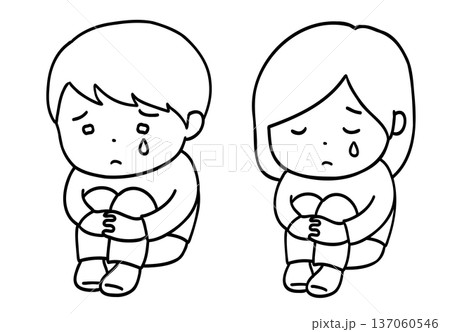 ひざをかかえて泣く子供の線画イラスト 137060546