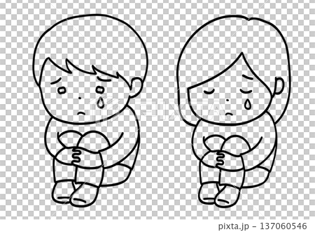 ひざをかかえて泣く子供の線画イラスト 137060546