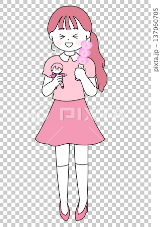 メンバーカラーピンクのアイドルを推す女性｜ライブを楽しむ女性のイラスト 137060705