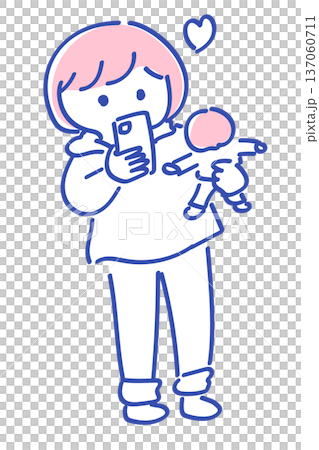 ぬい撮りのイラスト|好きなアイドルのぬいぐるみを撮影する推し活中の女性 ぬい撮りのイラスト|好きなアイドルのぬいぐるみを撮影する推し活中の女性 137060711