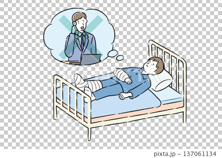 Illustration of a man who feels anxious about not being able to work due to hospitalization 4C 137061134