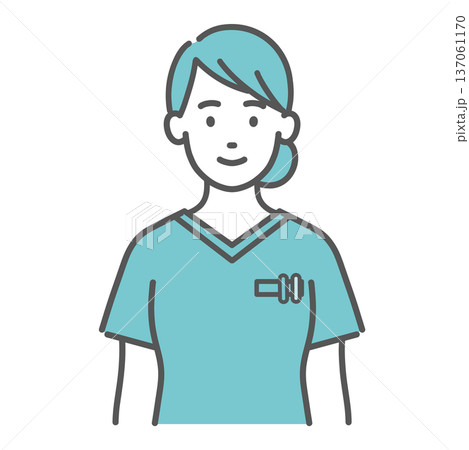 スクラブを着た女性医療従事者のイラスト（笑顔・上半身） 137061170