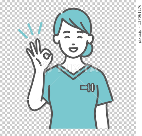 身穿手術服的女醫護人員做出「OK」手勢的插圖(上身) 身穿手術服的女醫護人員做出「OK」手勢的插圖(上身) 137061176