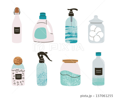 Cleaning supplies in bottles and jars. Vector illustration with detergent, soap dispenser, laundry products. Flat cartoon style for household, hygiene design. Collection of containers for home care 137061255