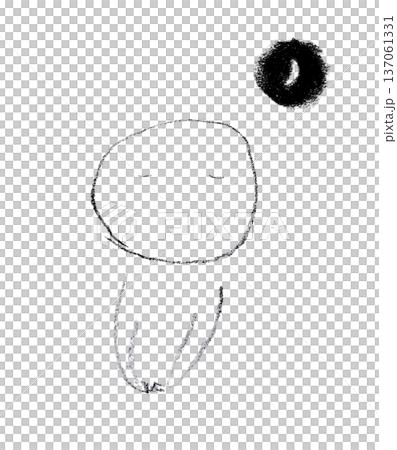 [Transparent Background] Monochrome line drawing of a figure standing quietly with eyes closed and a crescent moon. 137061331