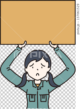 Illustration of a woman with a troubled expression wearing work clothes and holding a placard. Green uniform Illustration of a woman with a troubled expression wearing work clothes and holding a placard. Green uniform 137061529