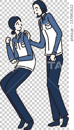 作業服を着た女性が声をかけるイラスト　青色の制服 137061622