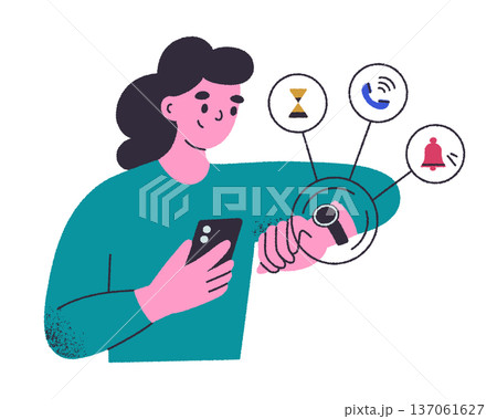 Woman checking smartwatch notifications. Flat vector illustration with digital interface, phone call alerts, timer. Cartoon character, technology, wearable devices, communication apps 137061627