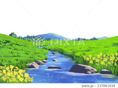 草原と小川の風景 137061838
