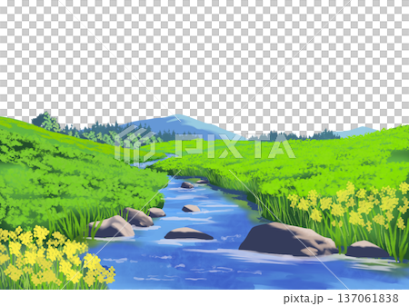 草地和溪流景觀 137061838