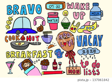 Cute hand drawn vector illustrations of car, fried egg in a pan, clock, water tumbler, rice bowl, tote bag, airplane, milk carton, noodle bowl and chopstick, sun, chocolate cupcake, flower bouquet Cute hand drawn vector illustrations of car, fried egg in a pan, clock, water tumbler, rice bowl, tote bag, airplane, milk carton, noodle bowl and chopstick, sun, chocolate cupcake, flower bouquet 137061842