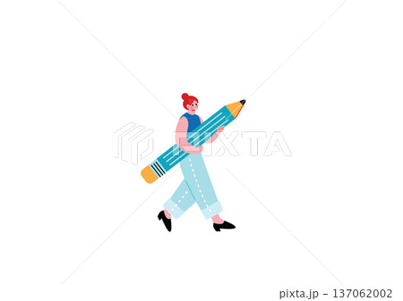 大きな鉛筆を抱えて歩くデザイナーの女性 137062002