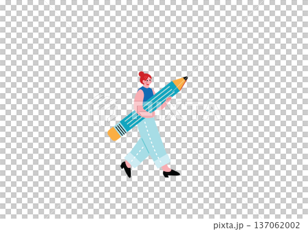 大きな鉛筆を抱えて歩くデザイナーの女性 137062002