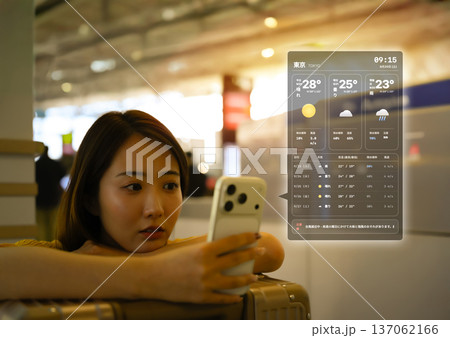 駅で天気予報を確認する女性 ■撮影協力：関西国際空港（KIX） 137062166