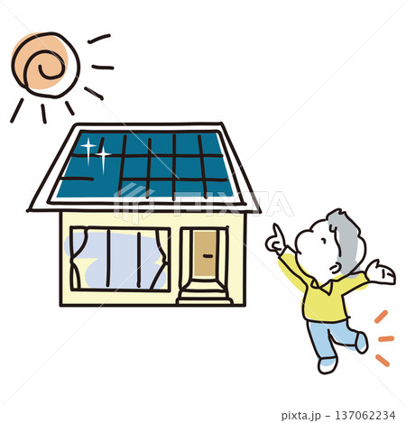 自宅の屋根にソーラーパネルが設置されて喜ぶ主人 137062234