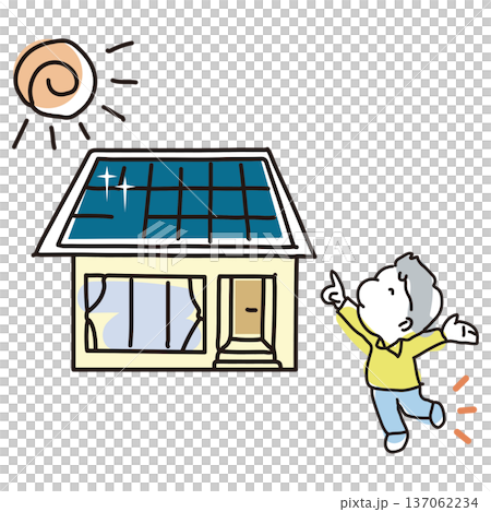 自宅の屋根にソーラーパネルが設置されて喜ぶ主人 137062234