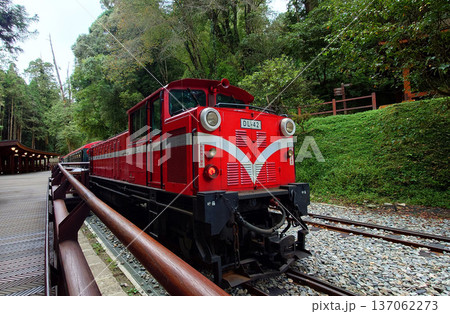 Red Diesel Locomotive on Alishan Forest Railway in Taiwan Red Diesel Locomotive on Alishan Forest Railway in Taiwan 137062273